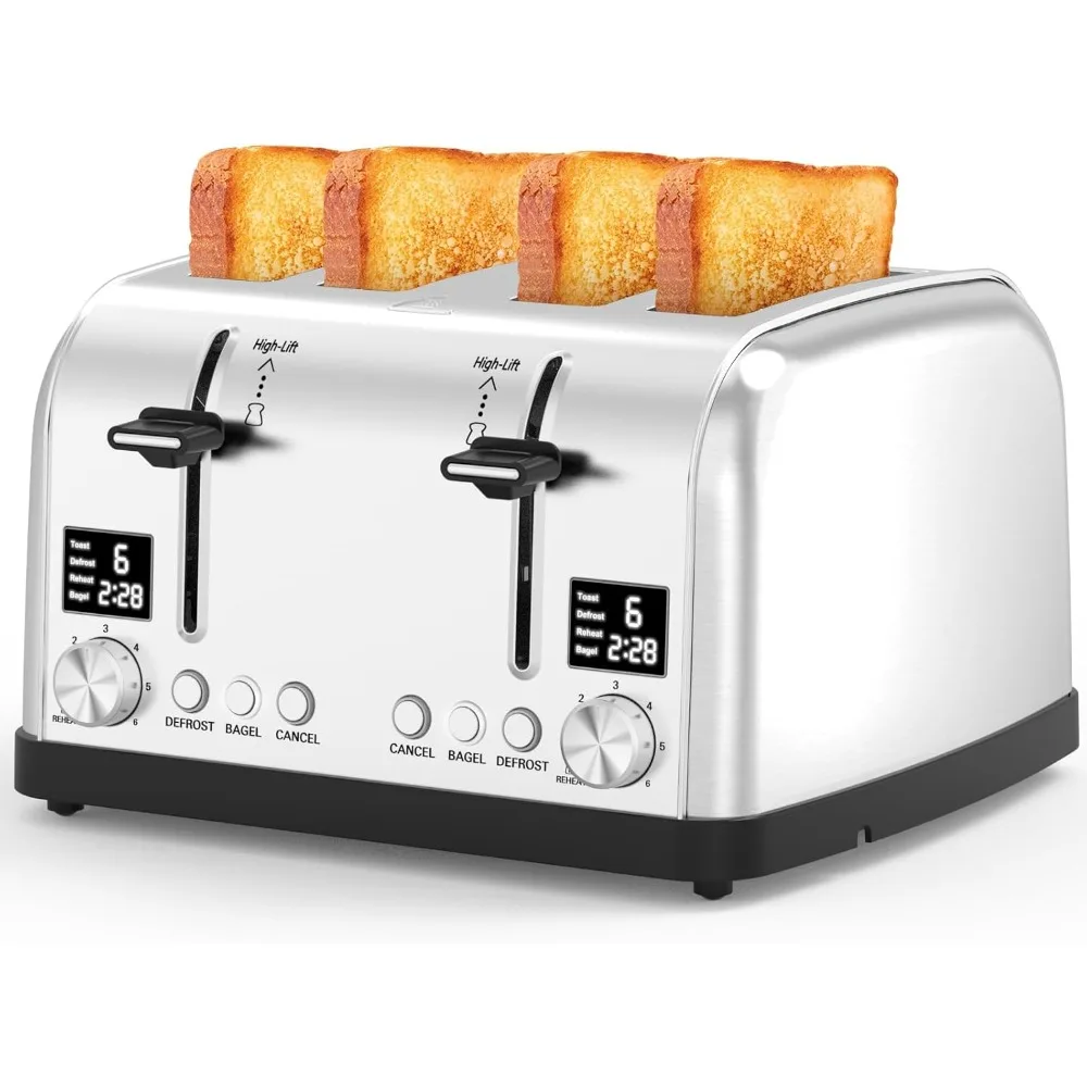 Toster na 4 kromki, podwójne panele sterujące z niezależnymi ustawieniami, toaster ze stali nierdzewnej w stylu retro z bajgiem (srebrny)