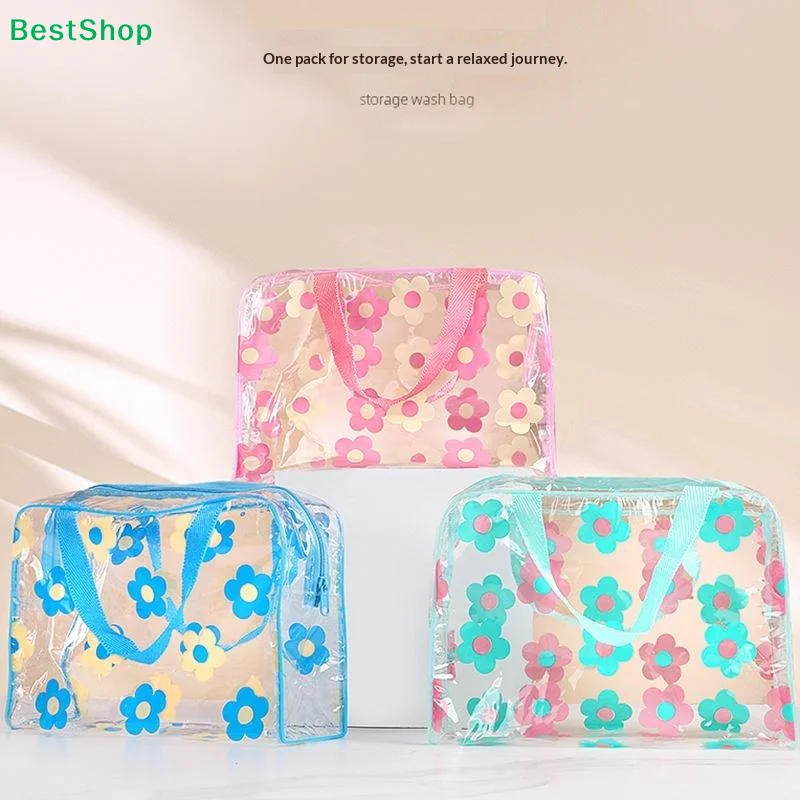 〔R〕Transparente PVC-Waschtasche mit floralem Aufdruck, wasserdichte, transparente Kulturtasche mit Griff für Reisen und Aufbewahrung