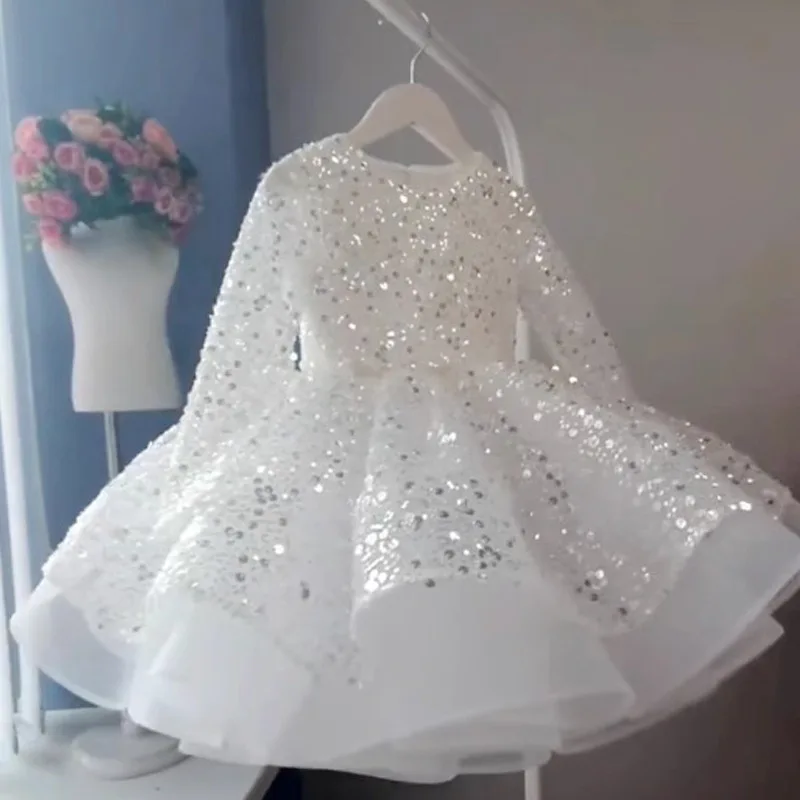 Vestido de primer cumpleaños para niños, vestidos con cuentas de lentejuelas para niños, niña bebé, niña de flores blancas, boda para niña pequeña, Princesa, Verano