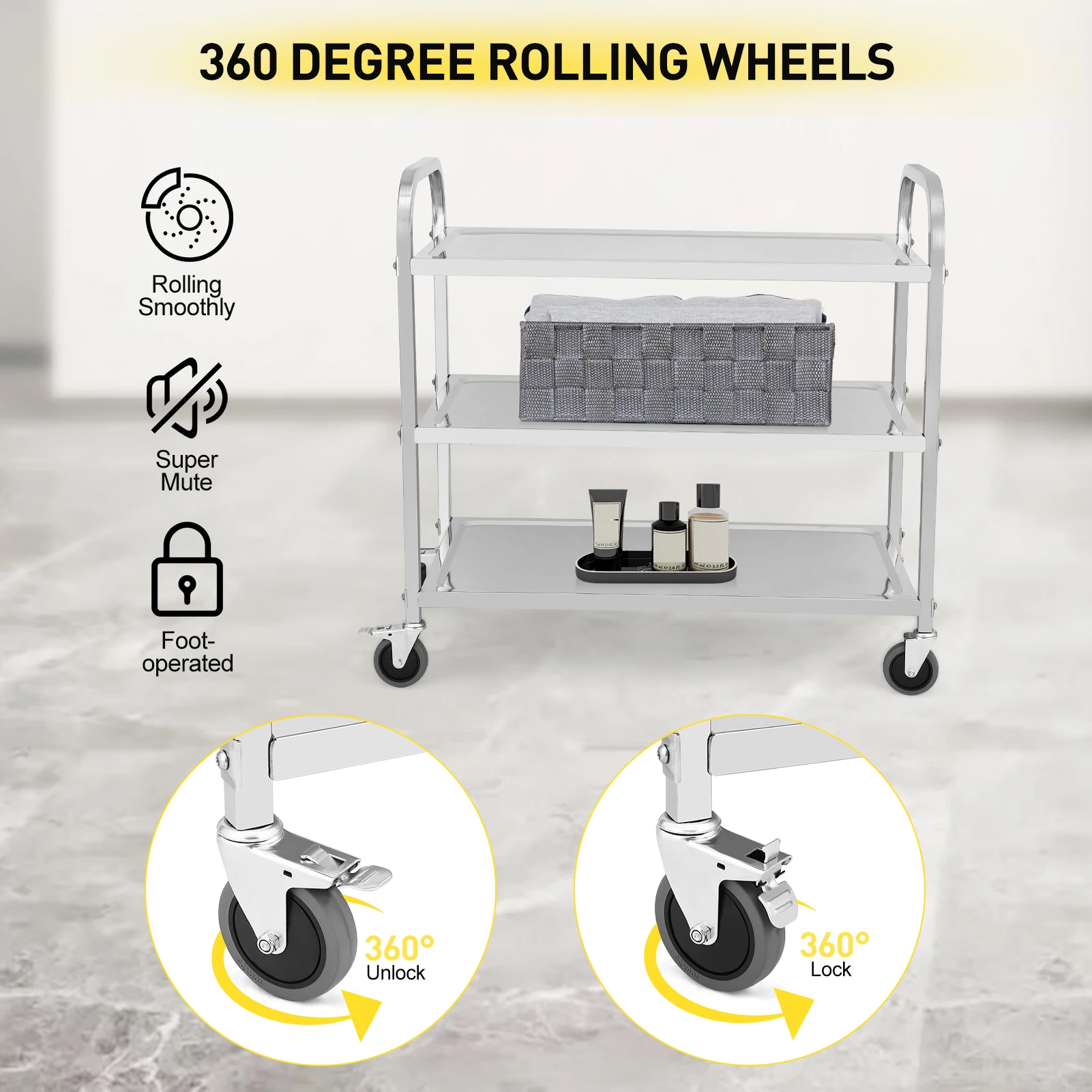 3 Tier Heavy Duty Trolley Rolling Cart, Stainless Steel Utility Cart With Handle and Locking Wheels, For Kitchen, Restaurant