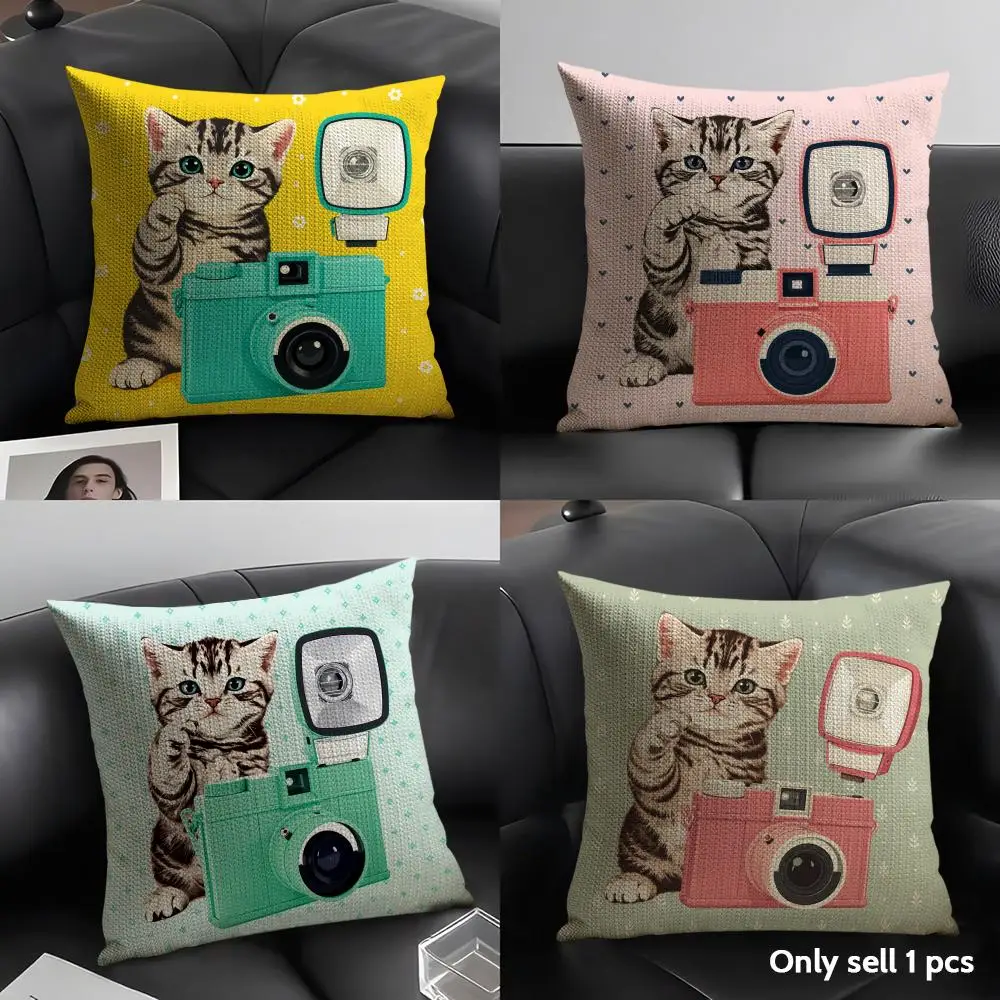 Kitten And Camera Cushion Cover Linen Organic Fabric Double-Sided Printing Sofa Breathable Home Decor Gift Pillow Case