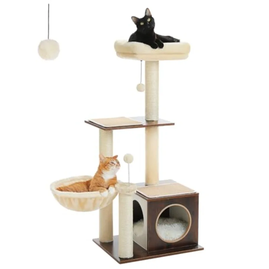 

Modern multilevel cat tree designed for indoor cats featuring a spacious play house cat condo with integrated scratching post s