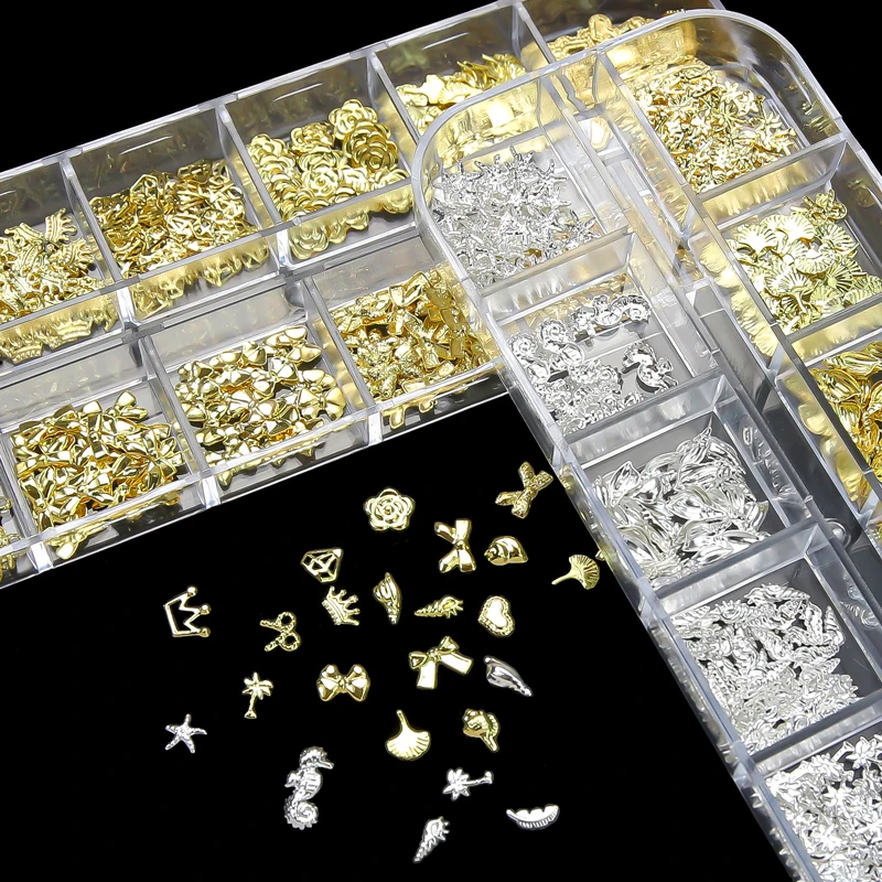 12 Grid Metal Butterfly Nail Art Jewelry 3D Rose Flower Bowtie Cross Rivet Nail Charms Gold Silver Lock Key Nail Art Gems Supply
