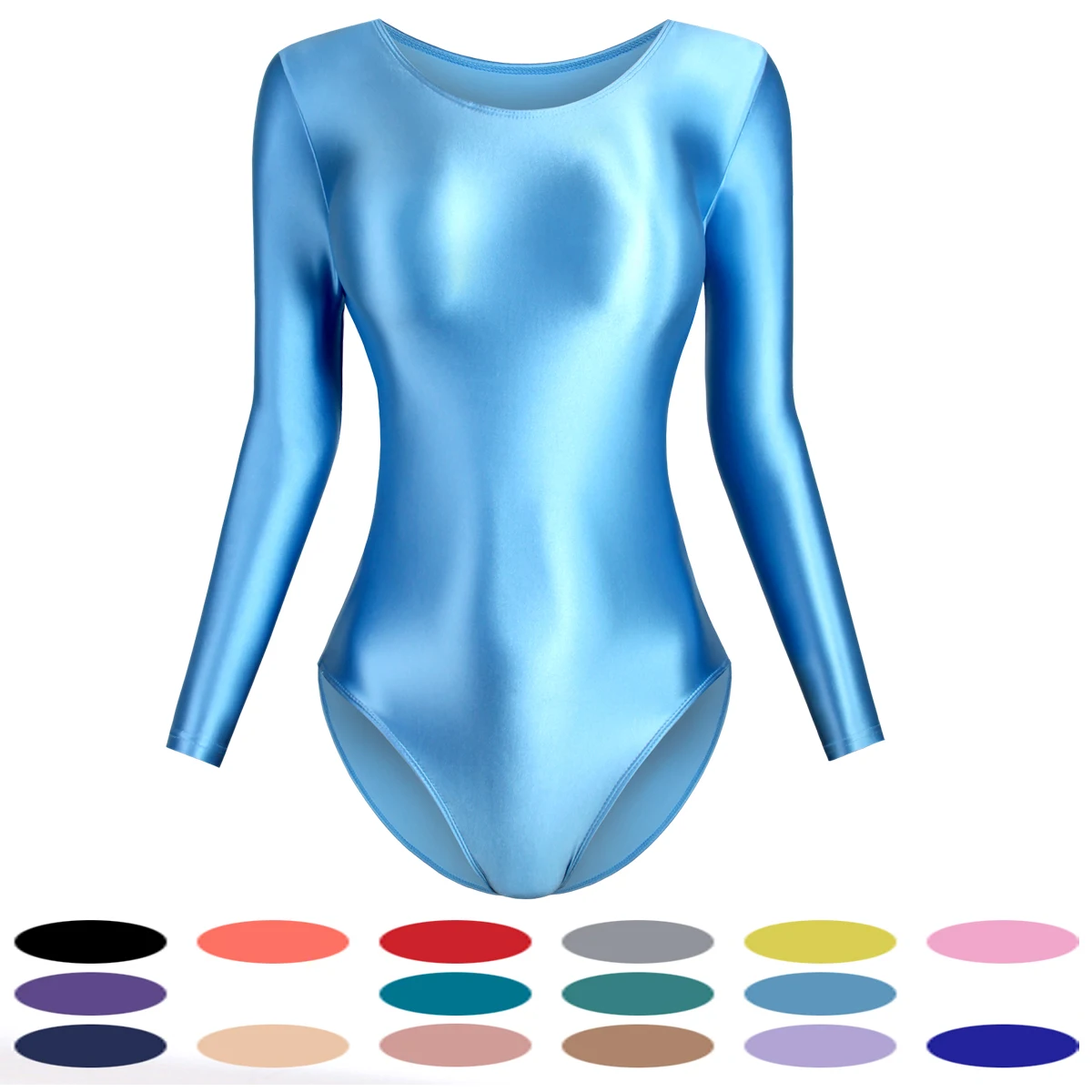 MJINM High-Waisted Women's Swimsuit Shiny Glossy Long Sleeve Solid Color T-Shirt Leotard One Piece Swimwear Bodysuit Sexy Tights