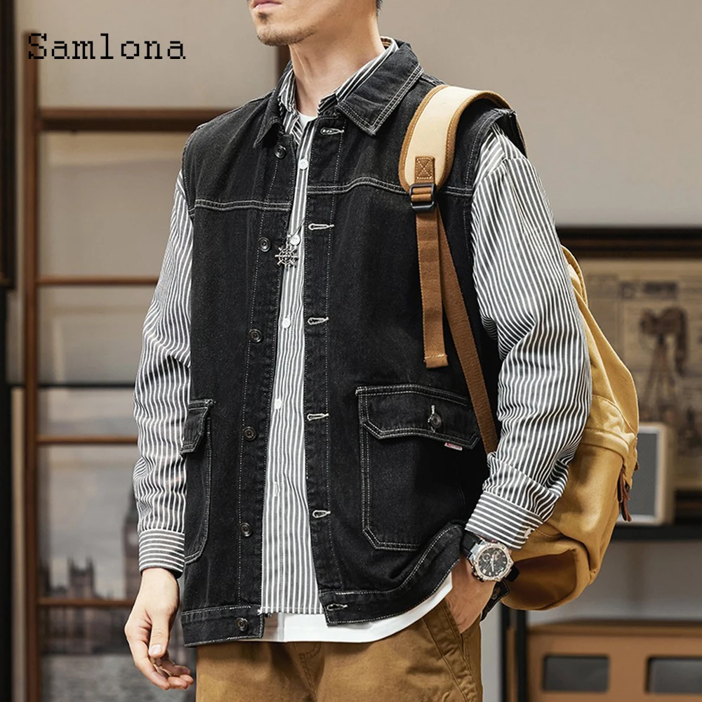 2025 Autumn Fashion Sleeveless Notched Denim Vest Jackets Plus Size Mens Basic Denim Top Vintage Stand Pocket Jean Outerwear New