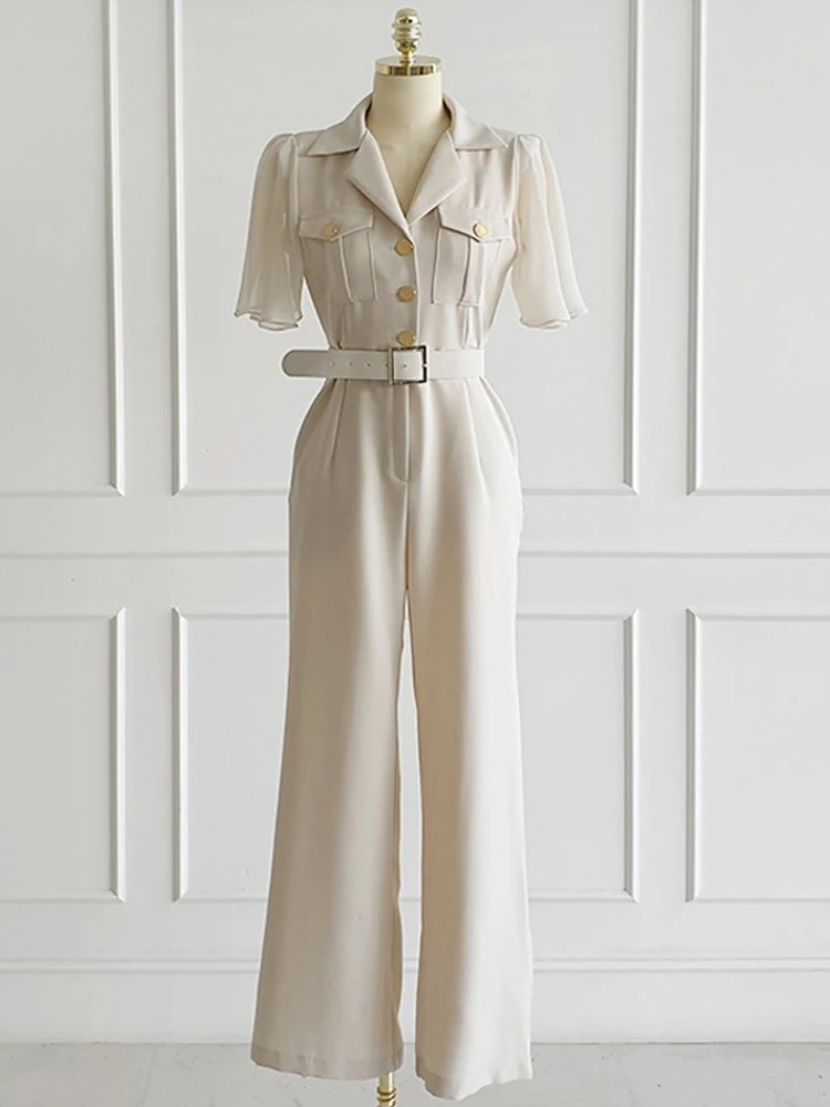

Fashion Elegant Jumpsuits Women Clothing Formal Professional Sheer Sleeve Single Breasted Belt Long Pants Wide Leg Loose Rompers