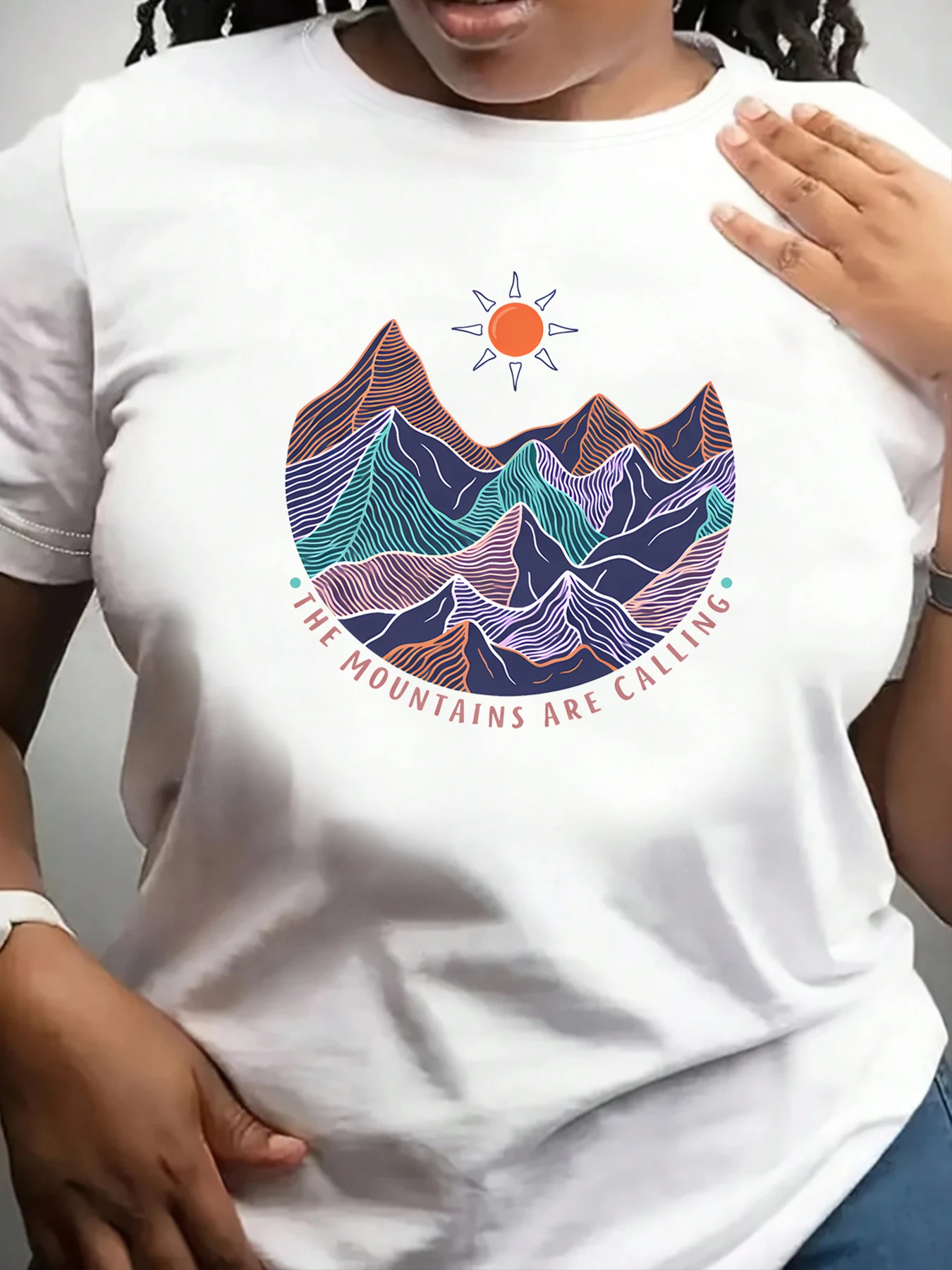

【ZXH11167】Sun Mountain Printed Women's Large Round Neck T-shirt Summer Casual Short Sleeve Top Street Fashion Versatile