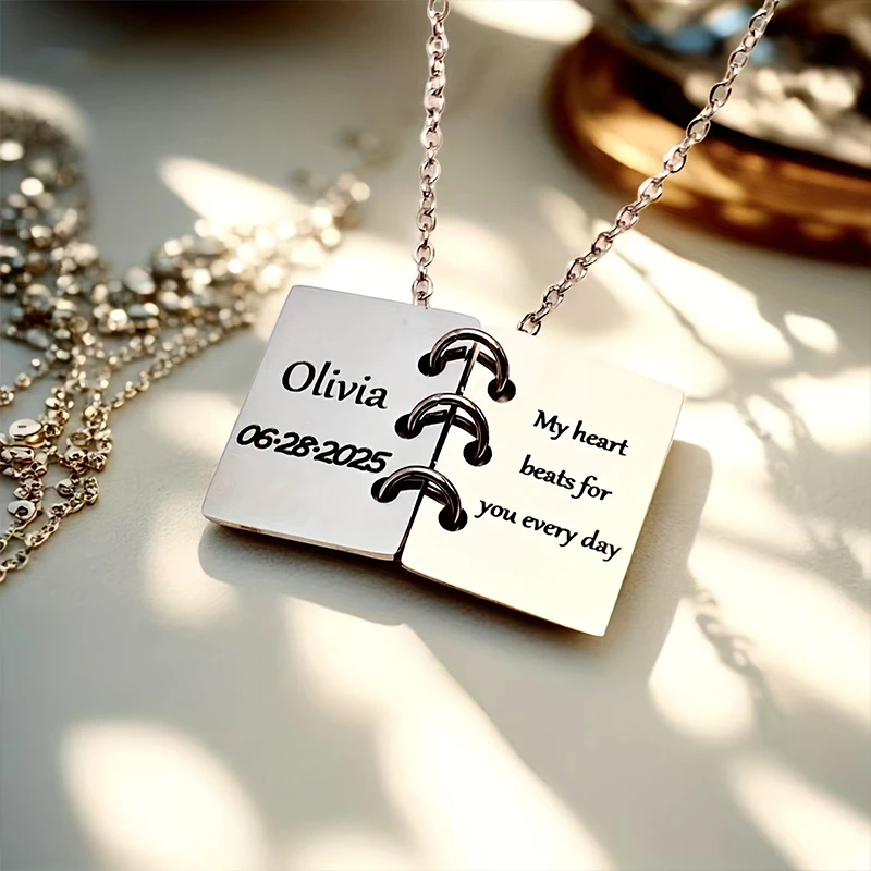 

Ожерелье с книгой на заказ, подвеска с гравировкой имени/текста/дата, персонализированное женское ювелирное изделие с лазерной гравировкой, подарок на память для пары