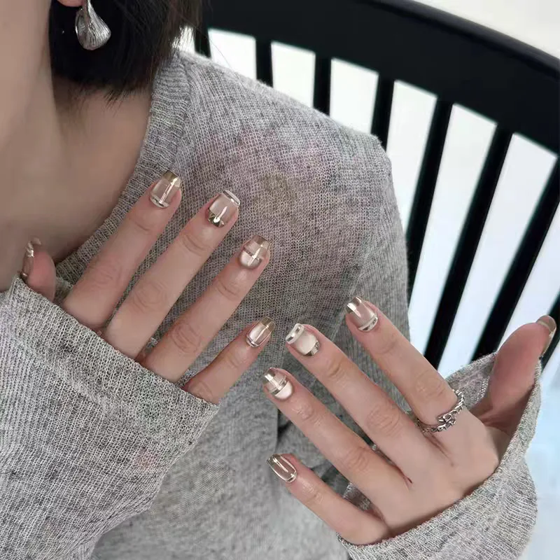 10pcs Handmade Nails - Premium Cat's Eye Gradient Chinese-Style Luxury Gold-Toned Press-On Nails, Perfect as Gifts for Women