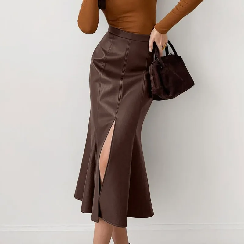 Autumn and Winter High-waisted Fleece Leather Fishtail Skirt Women Slit Elegant Stylish European American Commuting Long Dress