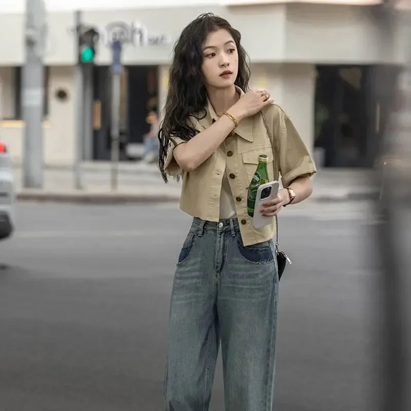 Retro Hong Style Kurzarmshirt Damen Leichtes Sommer Neues Modell Oberbekleidung Shirt Kurzarm Arbeitskleidung Top