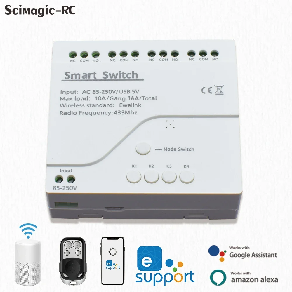 EWeLink-WiFi and 433MHz RF Smart Control Switch,Jog Inching,Self-Locking Module for Google Home, Alexa Voice, AC, 7-32V, 85-250V