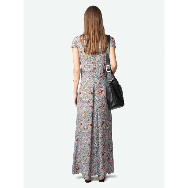 Zadig Long Dress Women Floral Print V-Neck Dresses Female Short Sleeve Split Robes Ladies Casual Lace Jupes 2025 New Robe