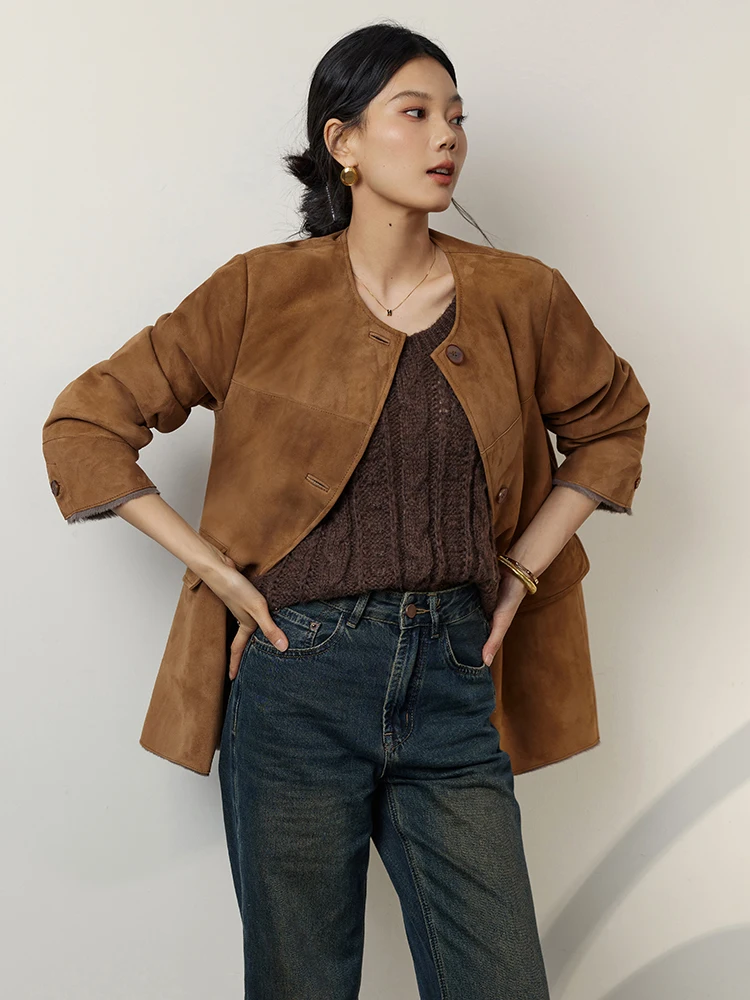 Abrigos de piel de oveja auténtica de lujo de alta gama para mujer, chaqueta de ante de invierno de piel auténtica con cuello redondo y una hilera de botones