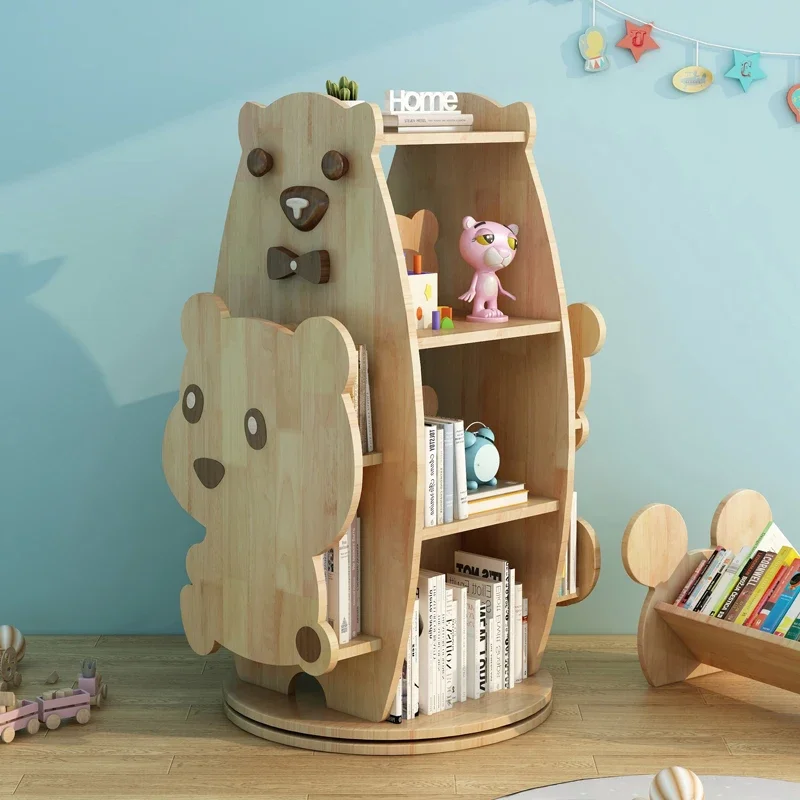 Solid wood rotating bookshelf Floor-to-ceiling 360-degree bookcase Children's toy storage rack Oak shelf