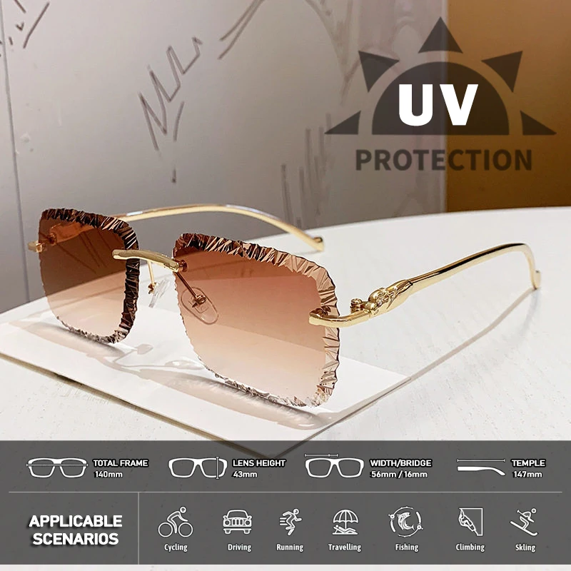 Rimless Square Sunglasses Women Men Fashion Luxury Brand Designer Metal Diamond Cutting Retro Elegant Shades Trendy Cute Glasses