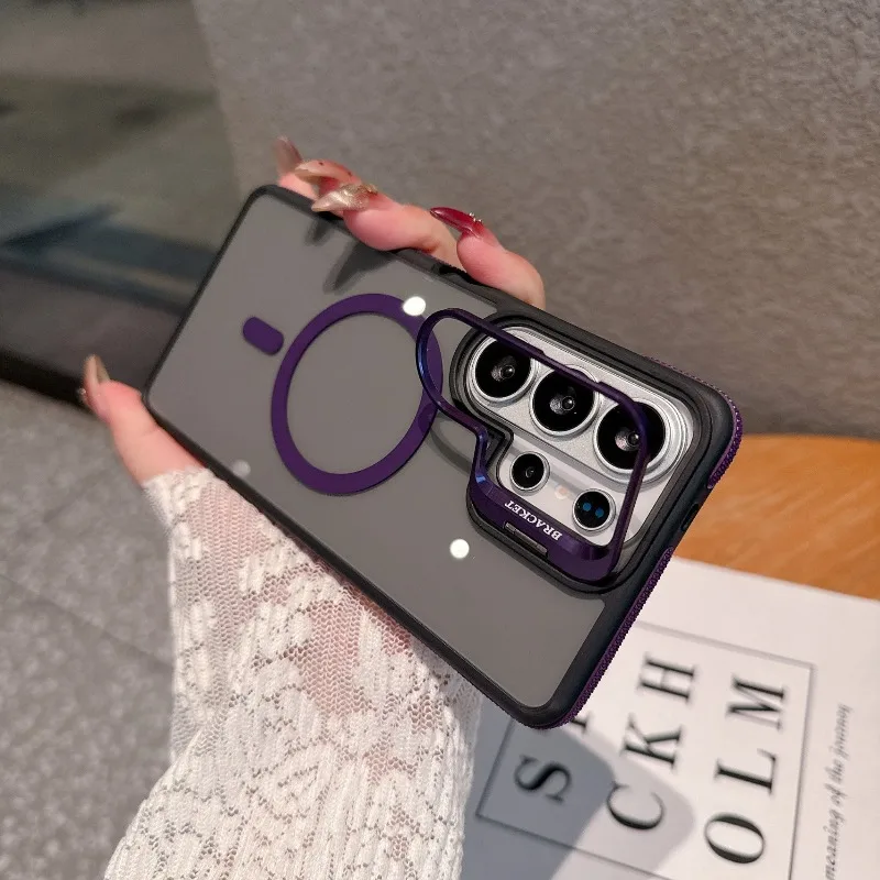 Luxury Hidden Lens Stand For Magsafe Phone Case For Samsung Galaxy S26 Ultra 25 24 23 Wireless Charging Solid Color Matte Cover view 5