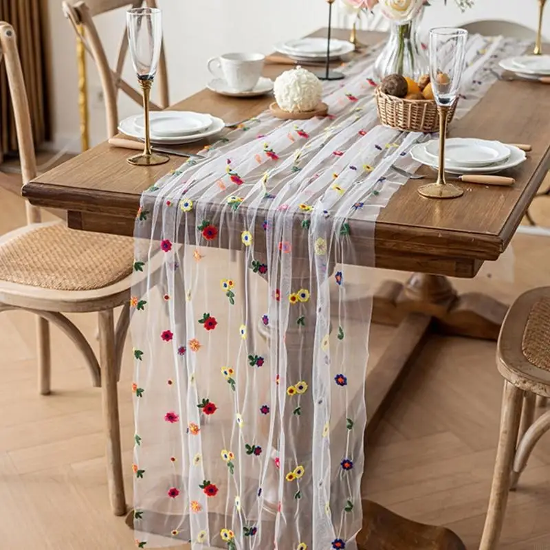 H8WB Elegant Lace Table Runner For Wedding Decoration Colorful  Transparent Flower Tablecloth Multipurpose Party Decoration