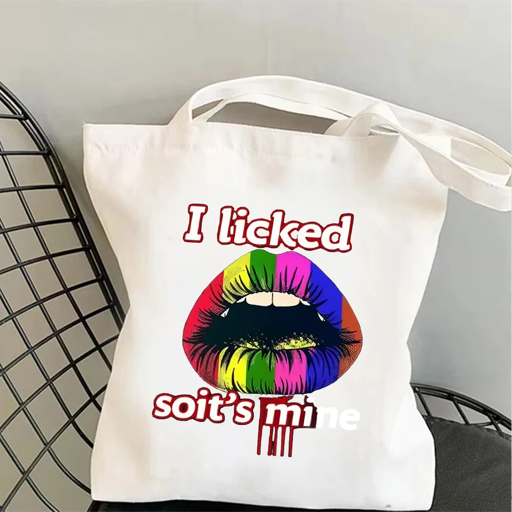 Rainbow Lips I Licked It Canvas Tote Bag Funny Pride Shoulder Bag