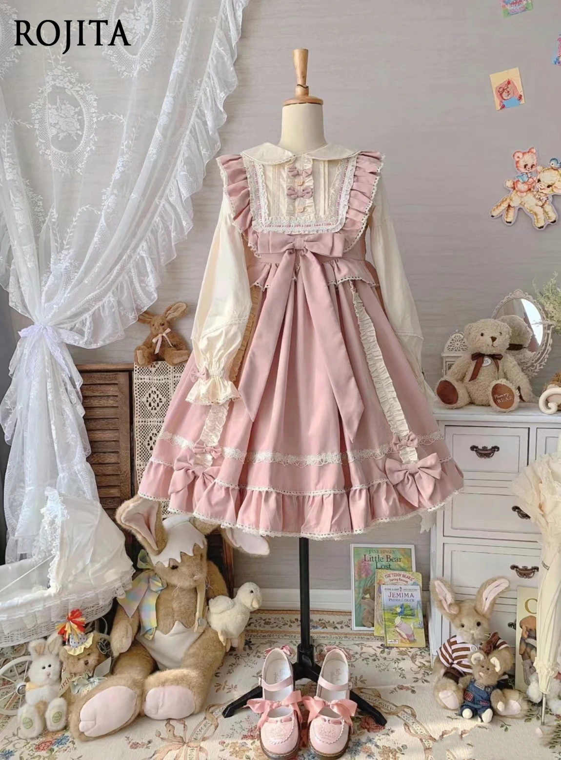 

Spring Autumn Lolita Dress Long Sleeve Sweet Cute Doll Collar Color Block Pink Princess Dress