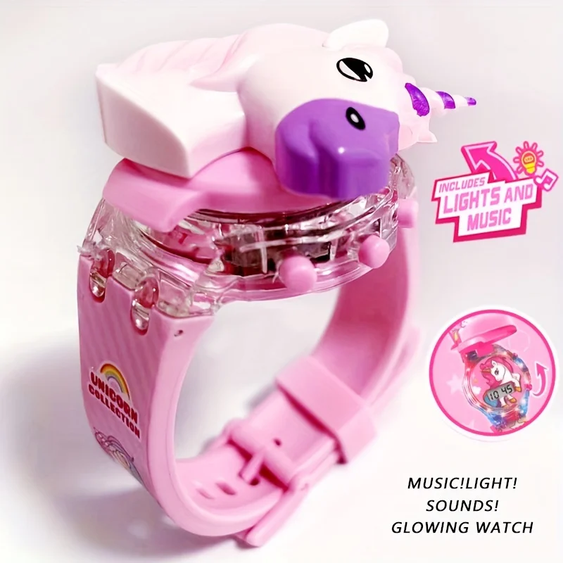 Reloj de caballo arcoíris brillante con música abatible de moda, reloj de unicornio de dibujos animados Popular, regalo para niños y niñas