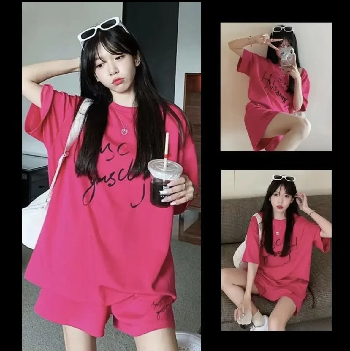 New Cross border Foreign Trade Hot selling T-shirt Women's Letter Off Shoulder Printed Retro Large T-shirt Shorts Two Piece Set