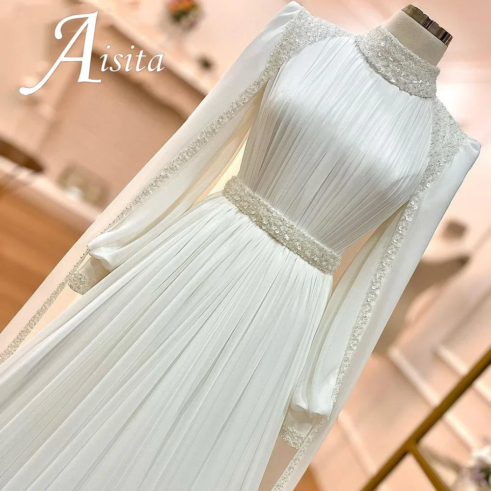 فستان زفاف شيفون برقبة عالية على شكل حرف a مزين بالدانتيل وأكمام طويلة فستان زفاف ذيل طويل مخصص 2025 فستان العروس #4