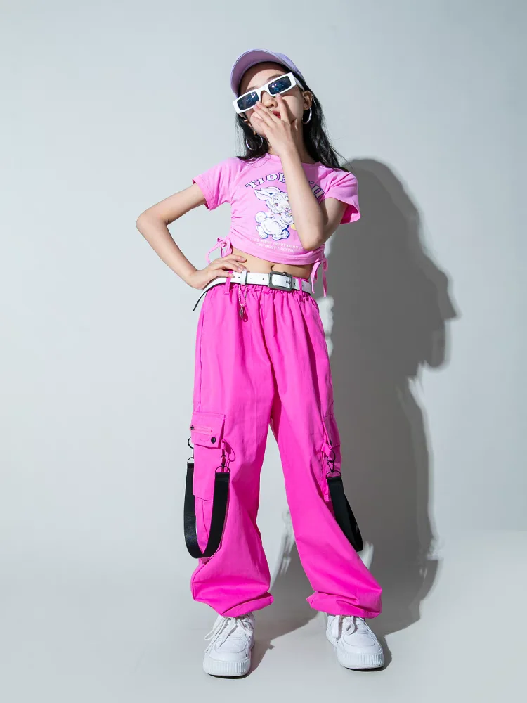 Hip Hop Girls t-shirt Street Dance Solid Cargo Pants Child Candy Color Streetwear Crop Top Clothes Set Kids Sweet Jazz Costumes