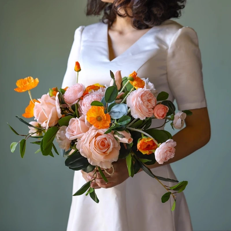 

Orange Pink Artificial Flower Bouquet Wedding Prop Bridesmaid Simulation The Bride Holding Flower Home Decor Soft Furnishing