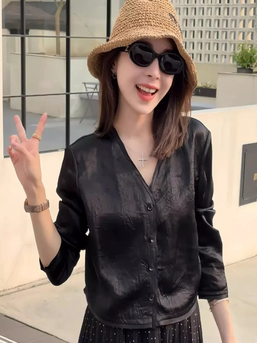 

Женская летняя тонкая солнцезащитная рубашка-кардиган из ацетата, короткая верхняя одежда с круглым вырезом и пуговицами, повседневный стиль