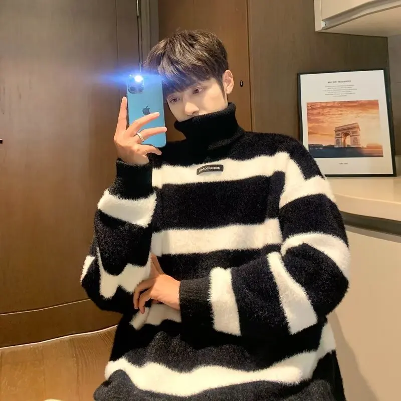 

Men's Thiened High Collar Mink Sweater Loose Lazy Warm Outerwear Autumn Winter New Arrival Knitted Sweater Trendy Sle