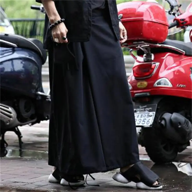 

2021 Korean fashion men's summer new black lace up hem loose fashion skirt pants Wide Leg Pants Large