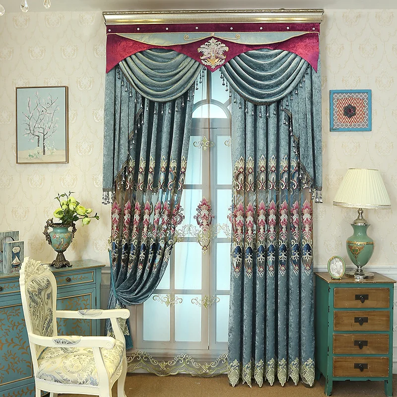 

Custom European Chenille water-soluble embroidered living room luxury blue cloth blackout curtain tulle valance drape C1682