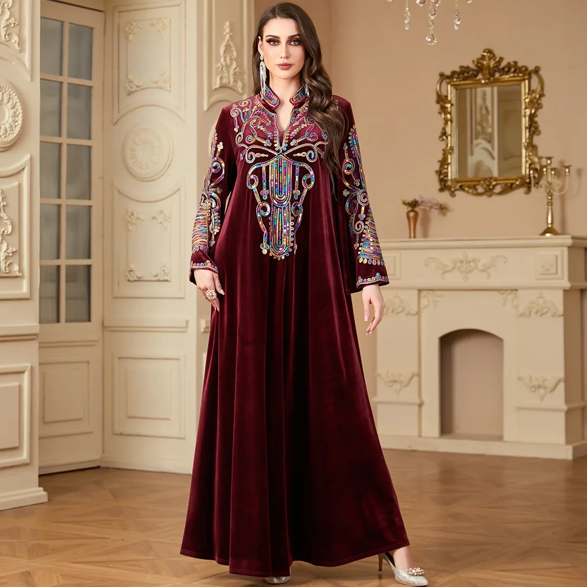 Abayas brodés à sequins pour femmes, robe maxi musulmane Eid, Kaftan de Dubaï, manches longues, Jalabiya en velours d'hiver, vêtements islamiques, robe éducative