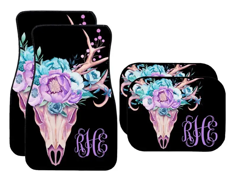

Skull & Flowers Design Monogram Car Mats for Front or Rear - Personalized Carmat Car Mat - Boho Bohemian Watercolor