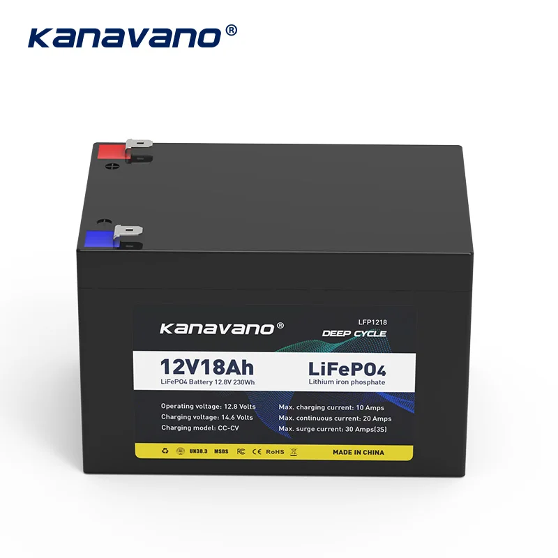 Batteria ricaricabile Kanavano Lifepo4 12V 18Ah per sistemi di accumulo di energia solare Batteria a ciclo profondo con caricatore 2A EU/US