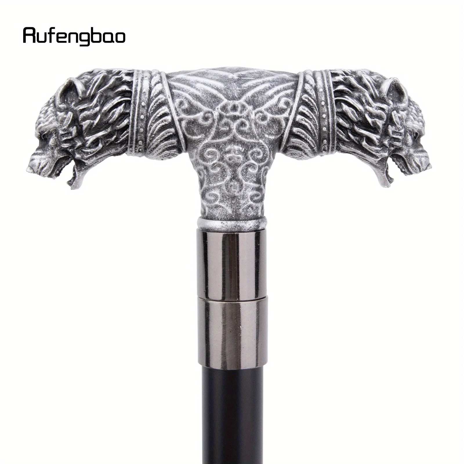 Silver Resin Wolf Double Head Walking Cane Fashion Steel Stick Elegant Cosplay Cane Knob Crosier Performance Stage Cane 92cm