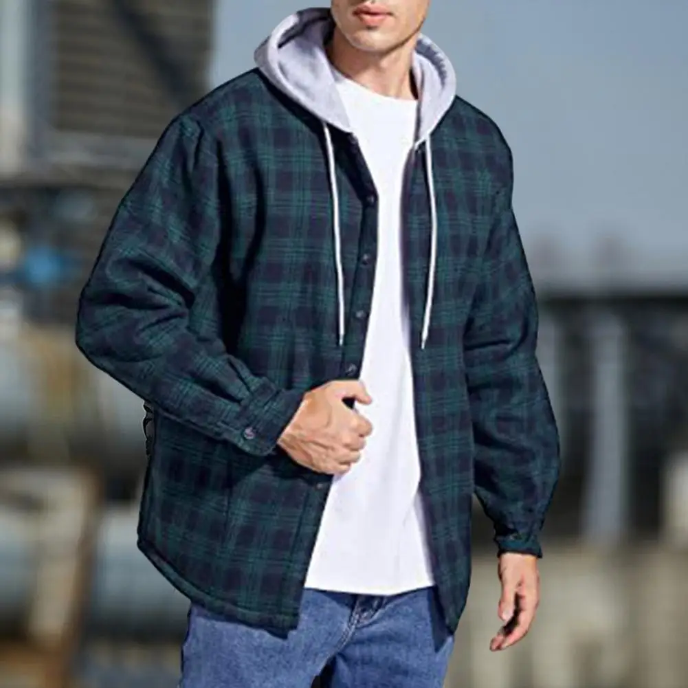 Men Jacket Thicken Plush Lining Jacket Hooded Plaid Pockets Drawstring Checked Jacket Winter Warm Coat Coldproof Autumn Coat