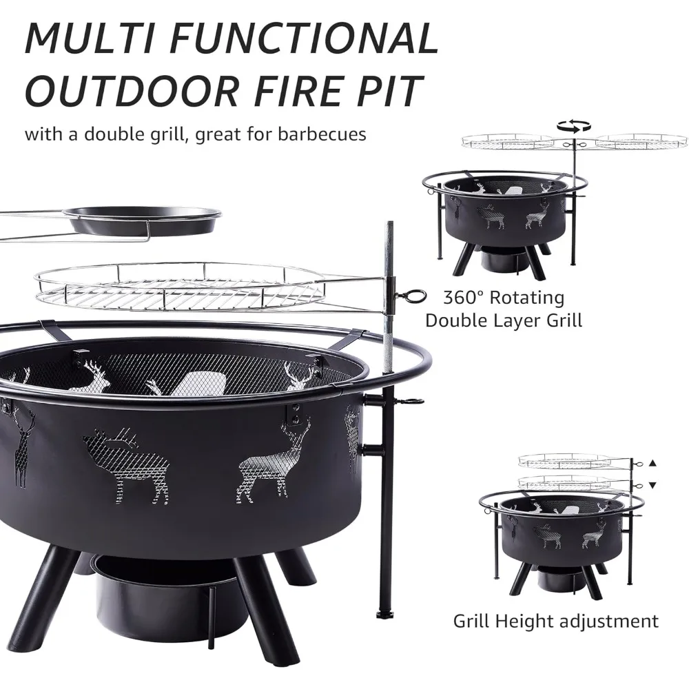 حفرة نار كبيرة مقاس 32 بوصة مع شوايتين، حفرة نار لحرق الخشب في الهواء الطلق مع شبكة طبخ وغطاء لعبة البوكر وغطاء دائري مقاوم للماء f #3