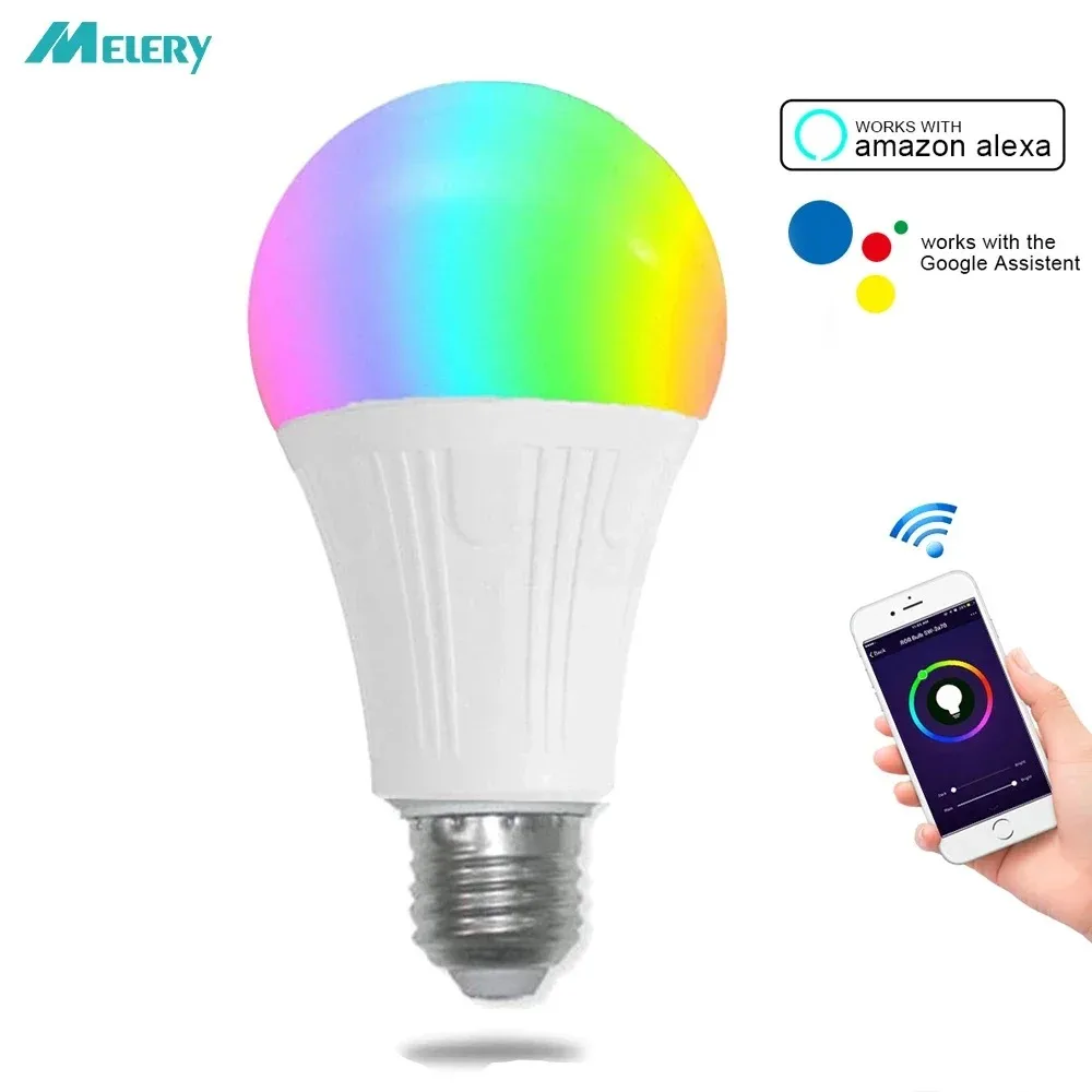 Melery WiFi Smart LED Light Bulb E26 E27 Lamp 7W Equivalent RGB Warm Cold White Remote Control by Alexa Google Home Assistant