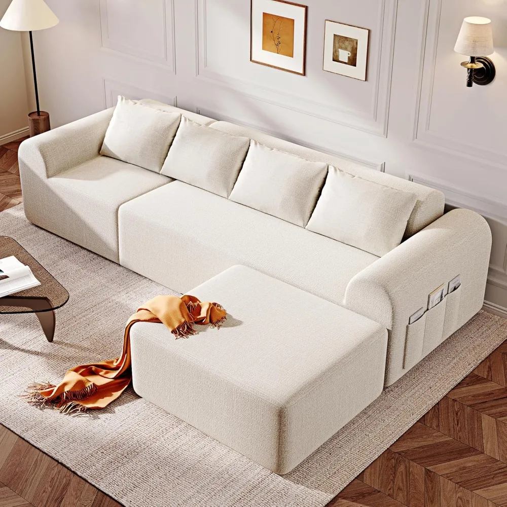 

105.5" Cloud Sectional Couch With Ottoman & 4 Pillows, L Shaped Couches Boneless Sofa For Living Room, Chenille Fabric Deep Seat