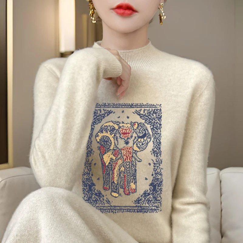 Women Cashmere Sweater New Fashion Mock Neck Pullover Tops Autumn Winter Woman Printed Cashmere Sweater Knitted