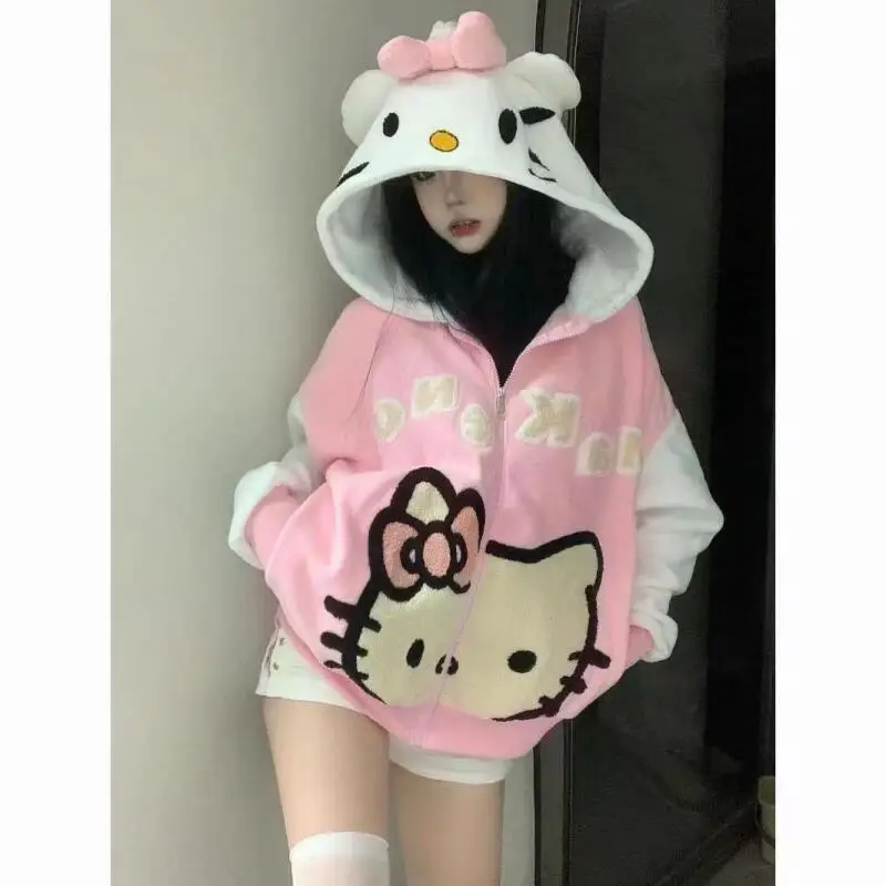 Felpa con cappuccio con zip stile Hello Kitty in peluche Y2K con stampa carina oversize con cappuccio streetwear felpa casual giacca maglione cappotto da donna