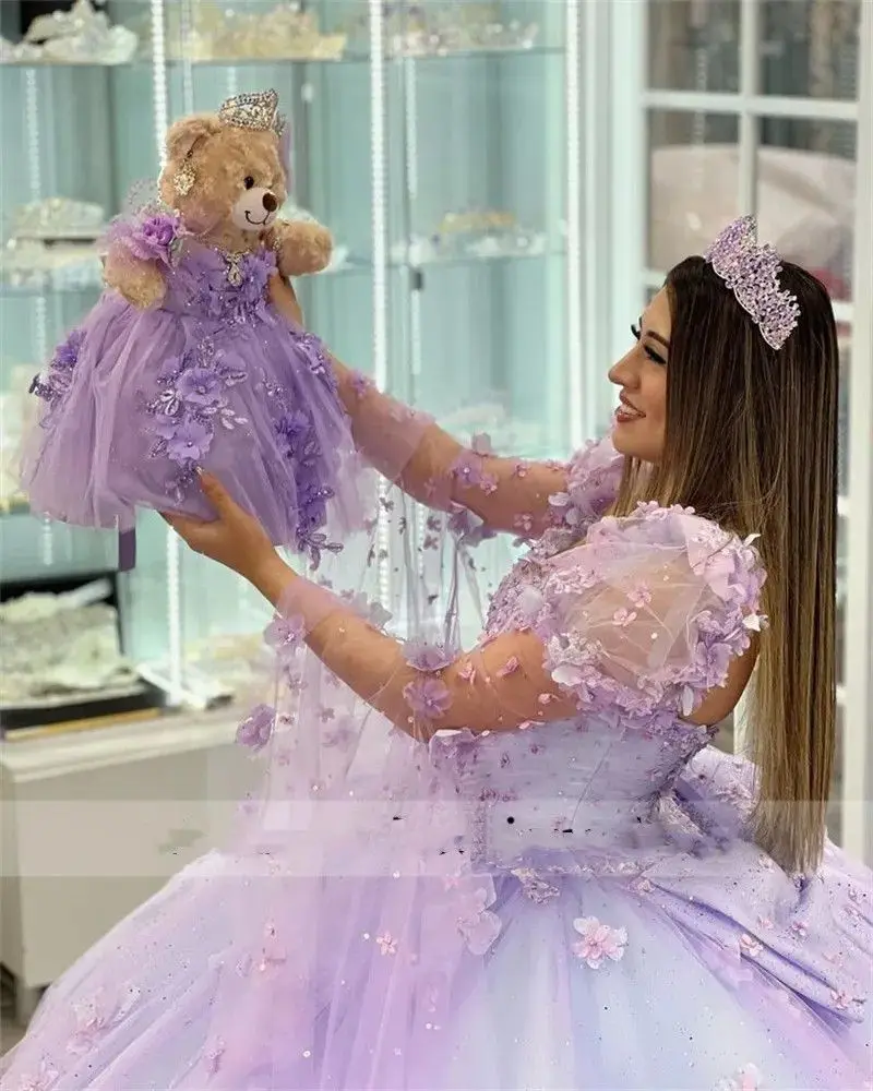 Customized Lilac Quinceanera Dress Ball Gown Long Sleeve Flowers Appliques Beading Corset Sweet 16 Dress Vestidos YQD336