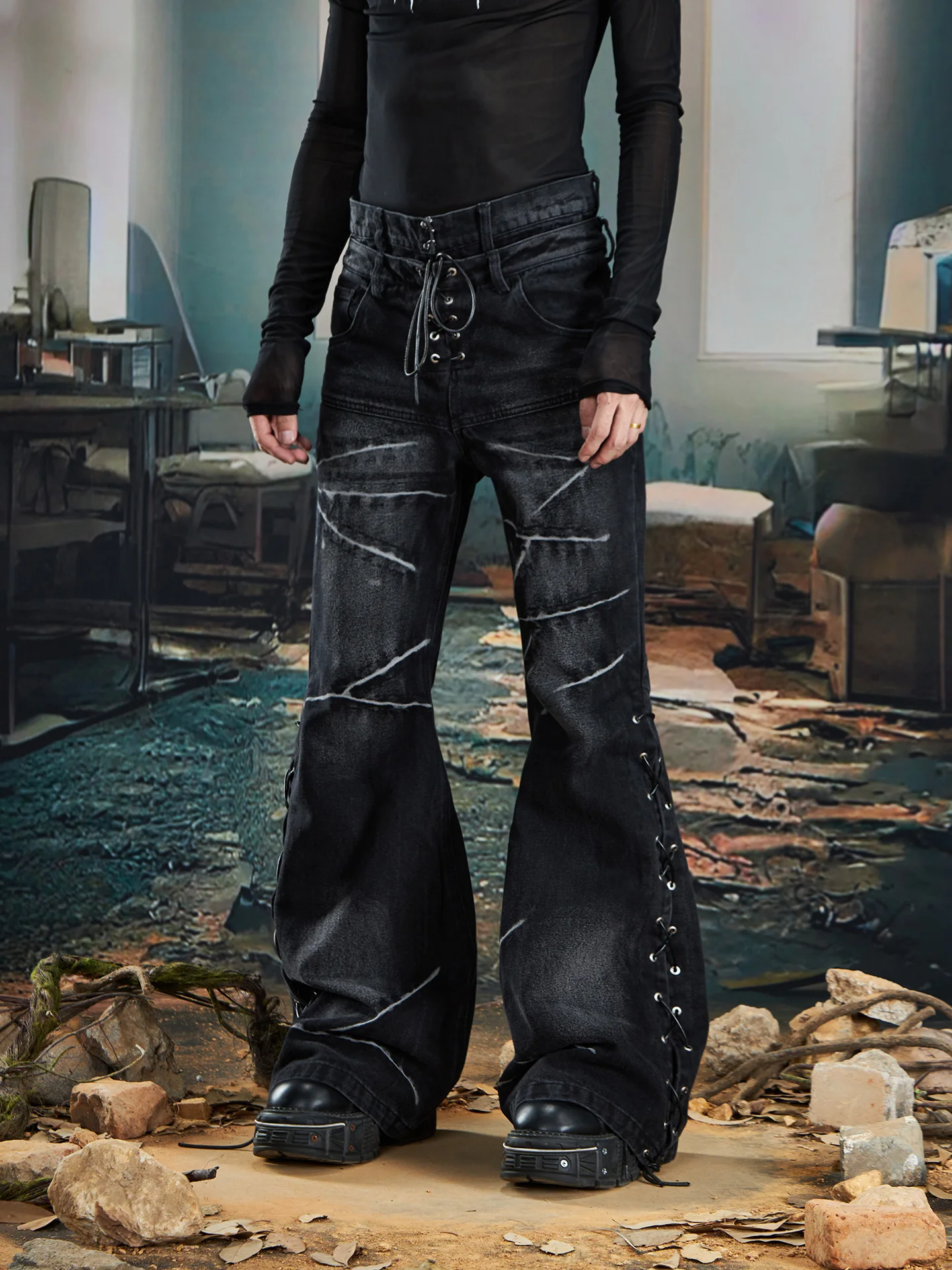 Special-Interest Design Niche Light Ya Punk Double Waist and Foot Split Pattern Fit Micro-Pull Jeans Trousers