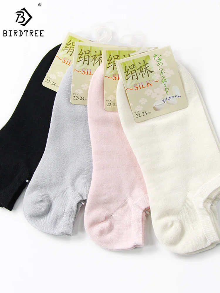 Birdtree 5 Pairs/Lot Real Silk Socks Women Causl No Show Boat Low Cut Ankle Sock Seamless Toe Breathable Odor Resistant U35009M