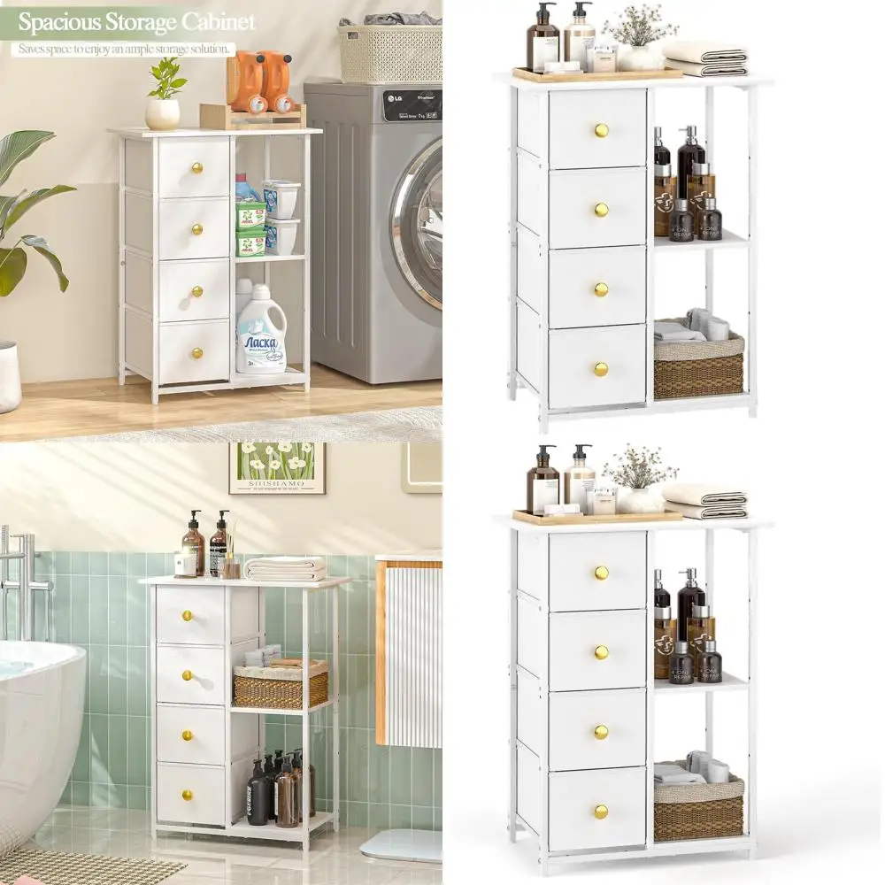 

Bathroom Storage Cabinet, Bathroom Cabinets Freestanding with 4 Drawers and Adjustable Shelves, 5 Tier Wooden Floor Cabinet, Sto