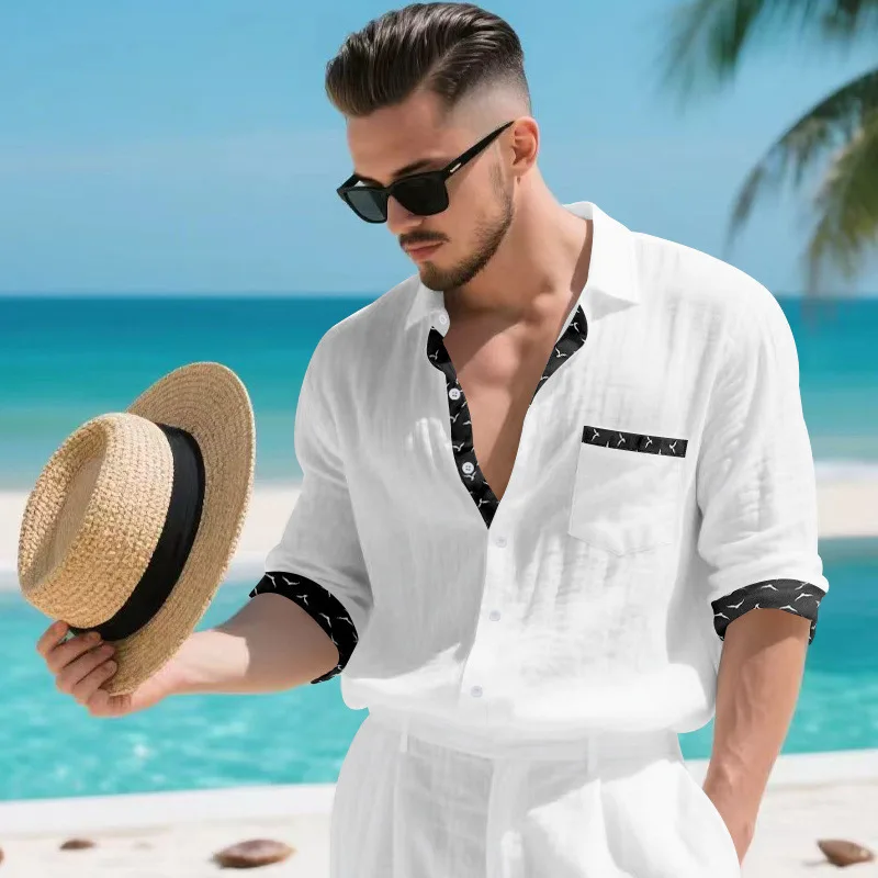 Linen Split Spring and Autumn Lapel Long Sleeve Cardigan Shirt Travel Vacation Daily Casual Young Men's Loose Top