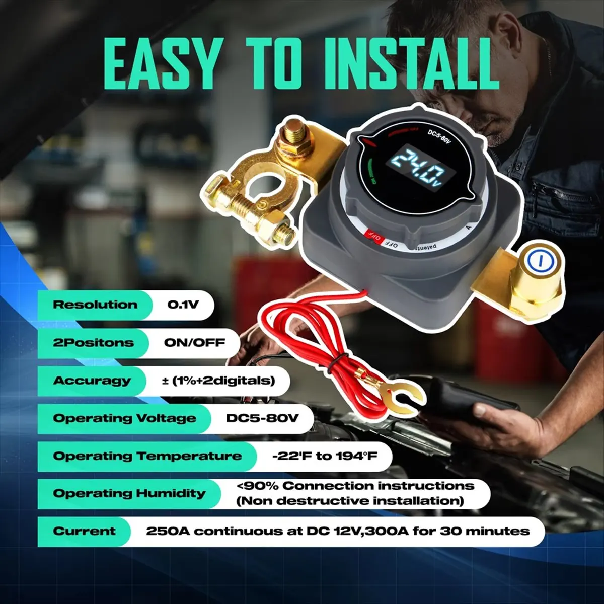 Top Post Battery Disconnect Switch with Voltmeter, DC 5-80V on Off Switch Power for Marine Boat RV Car Truck