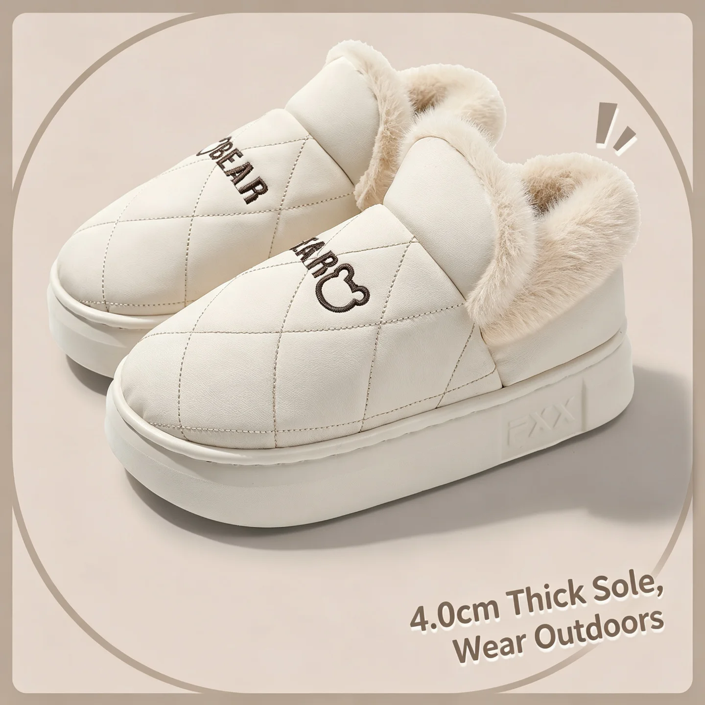 Winter Wasserdichte Hausschuhe für Damen und Herren, Warme Plüsch-Hausschuhe mit Dicker Sohle, Bären-Stickerei, Rutschfeste Indoor-Baumwoll-Fell-Schuhe – Detail 8